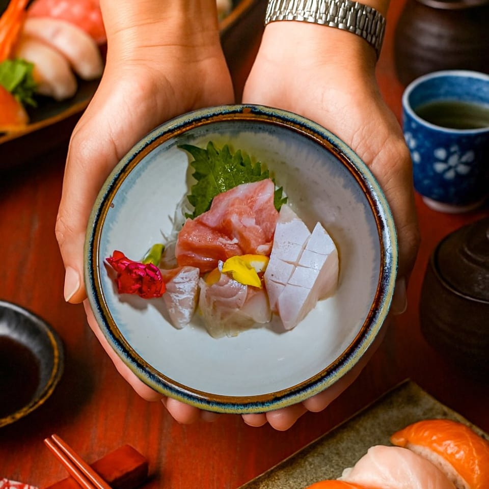 Hands holding a bowl of fresh sashimi, including tuna and white fish, garnished with flowers.