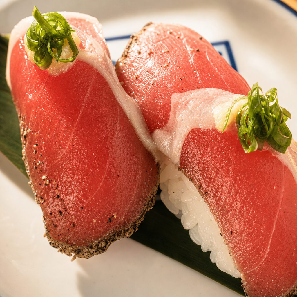 Spicy Seared Pepper Tuna Sushi.