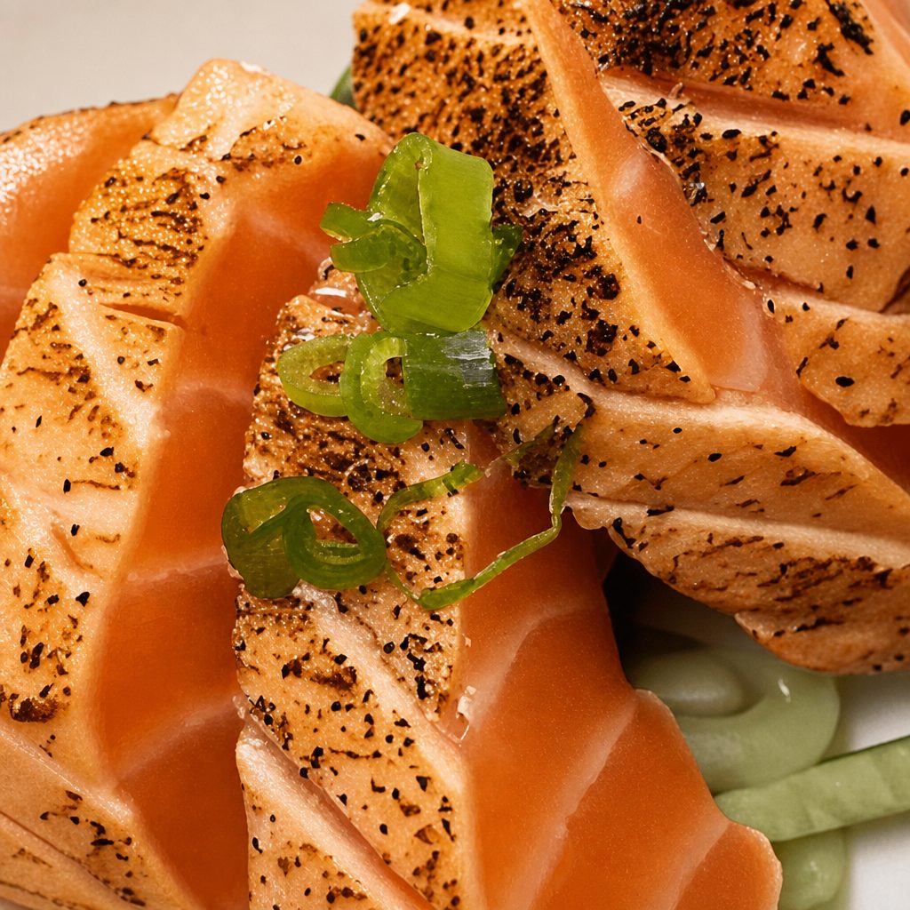 Seared Pepper Salmon Sashimi.